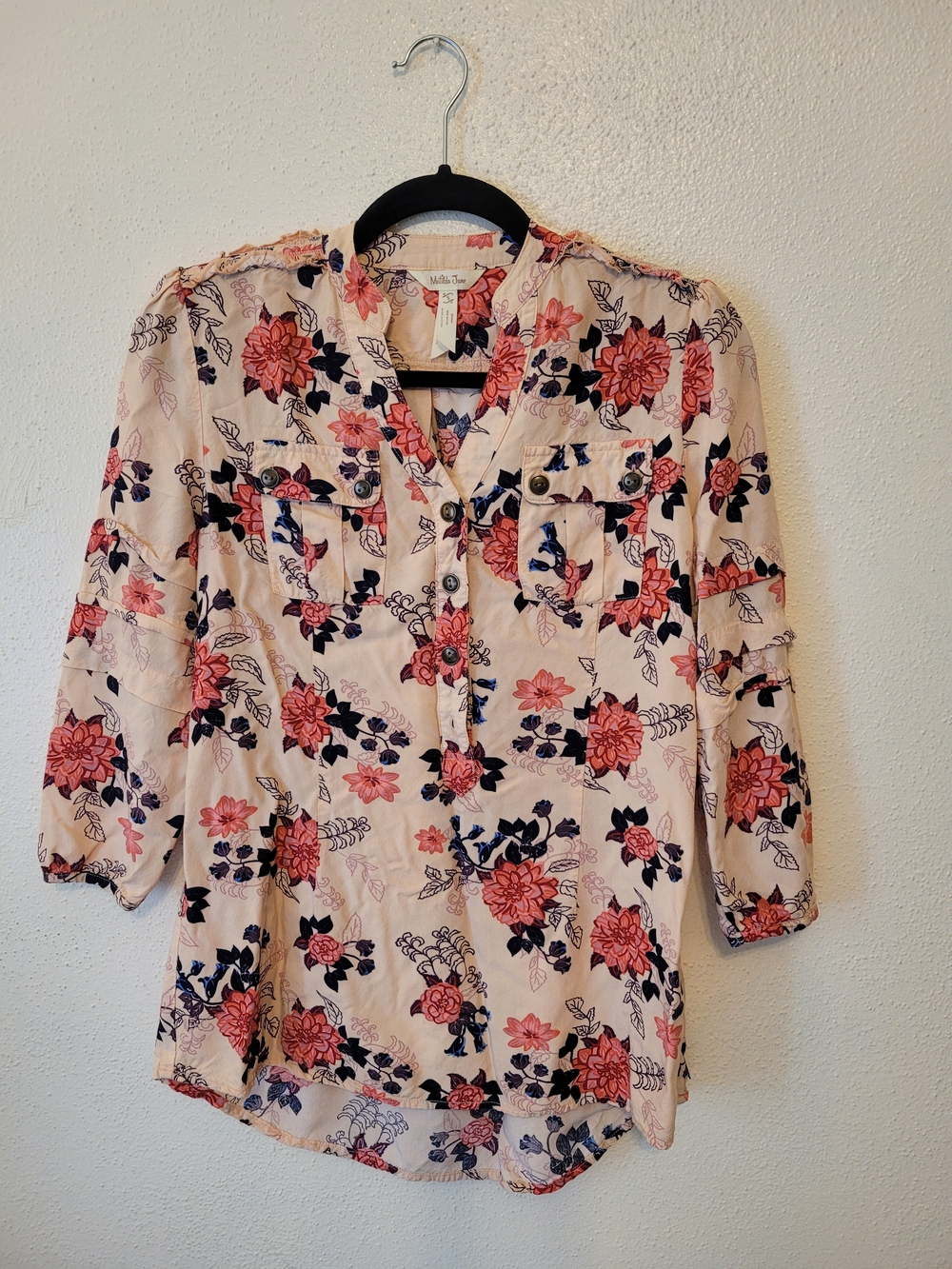 Matilda Jane Floral Utility Blouse XS Roll Tab Button Front Boho